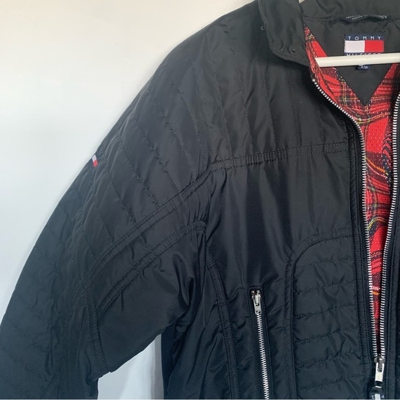 TOMMY HILFIGER Jacket Wind Breaker Sport Coat Moto Jacket Plaid Lined Black S - Picture 4 of 15